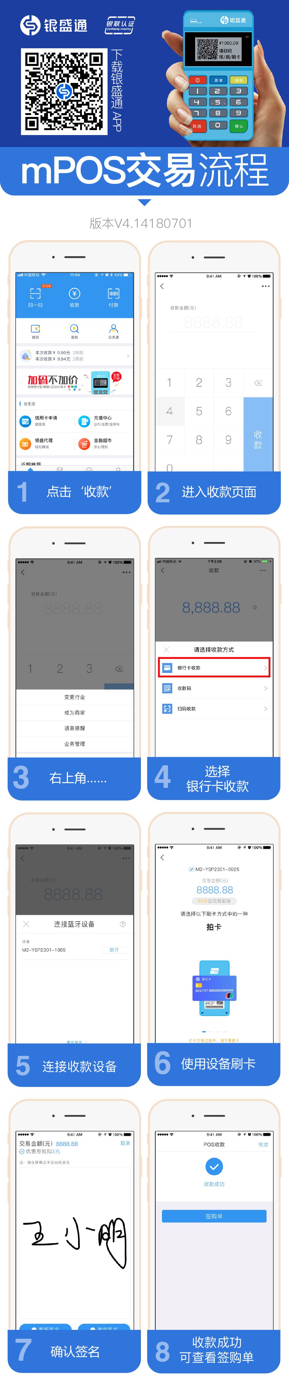 1.點(diǎn)擊收款2.進(jìn)入收款頁面3.右上角....4.選擇銀行卡收款5.連接收款設(shè)備6.使用設(shè)備刷卡7.確認(rèn)簽名8.收款成功可查看簽購單_20200331110234.jpg